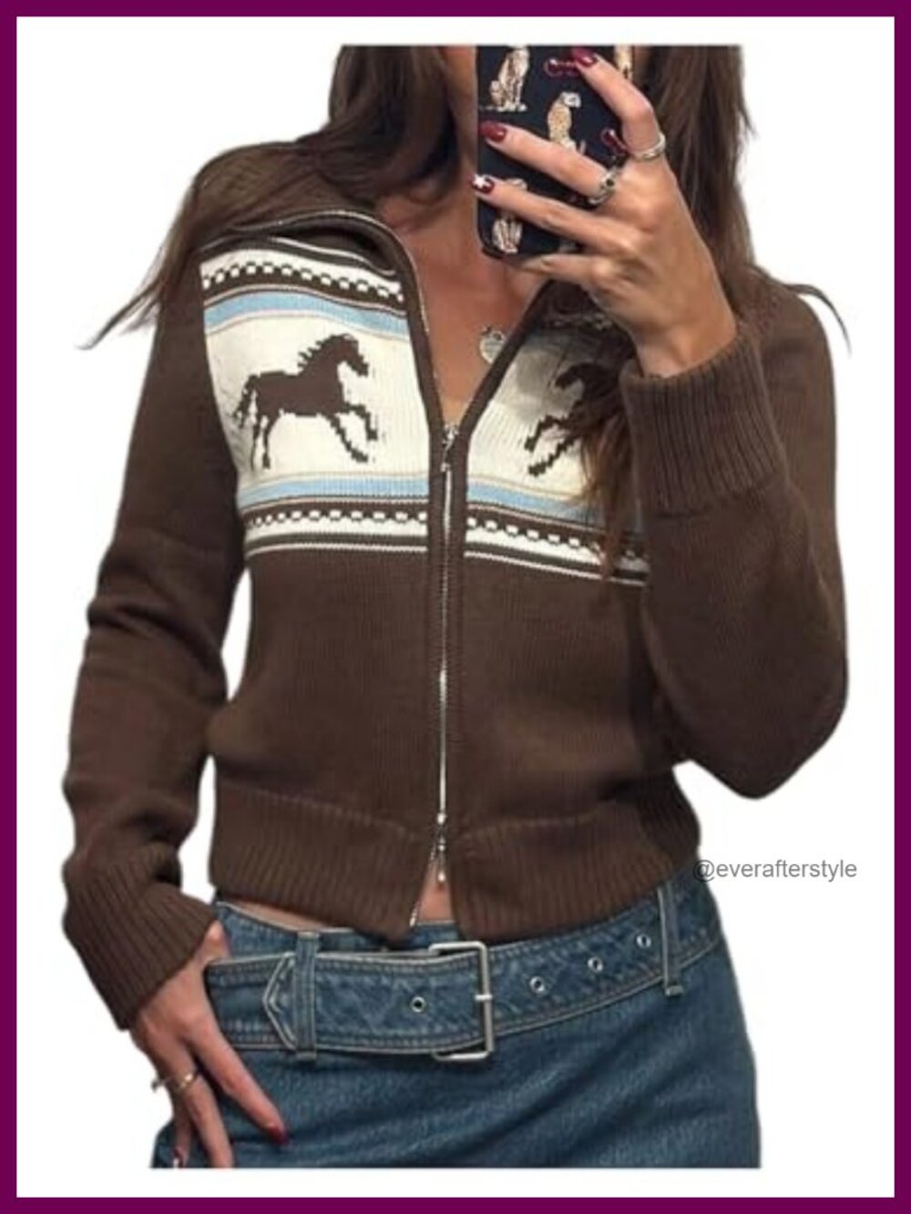Cropped Zip Front Cardigan Sweater Knit High Neck Long Sleeve Acrylic